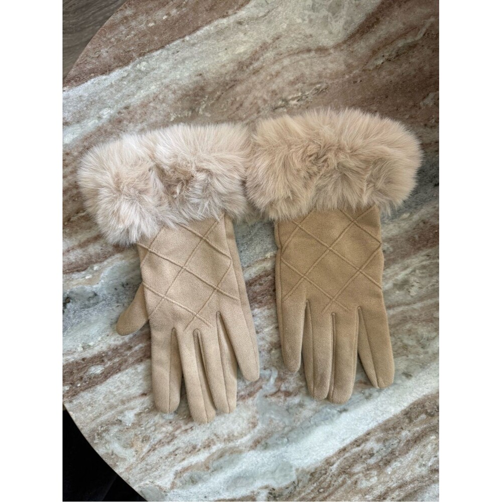 Faux Suede Fur Trim Winter Gloves Beige Cream Touchscreen Style